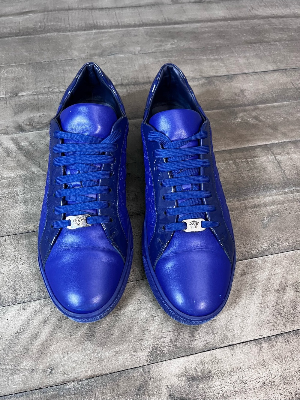 Versace Greca Pattern Leather Royal Blue Mens Sz 12 - Picture 3 of 7